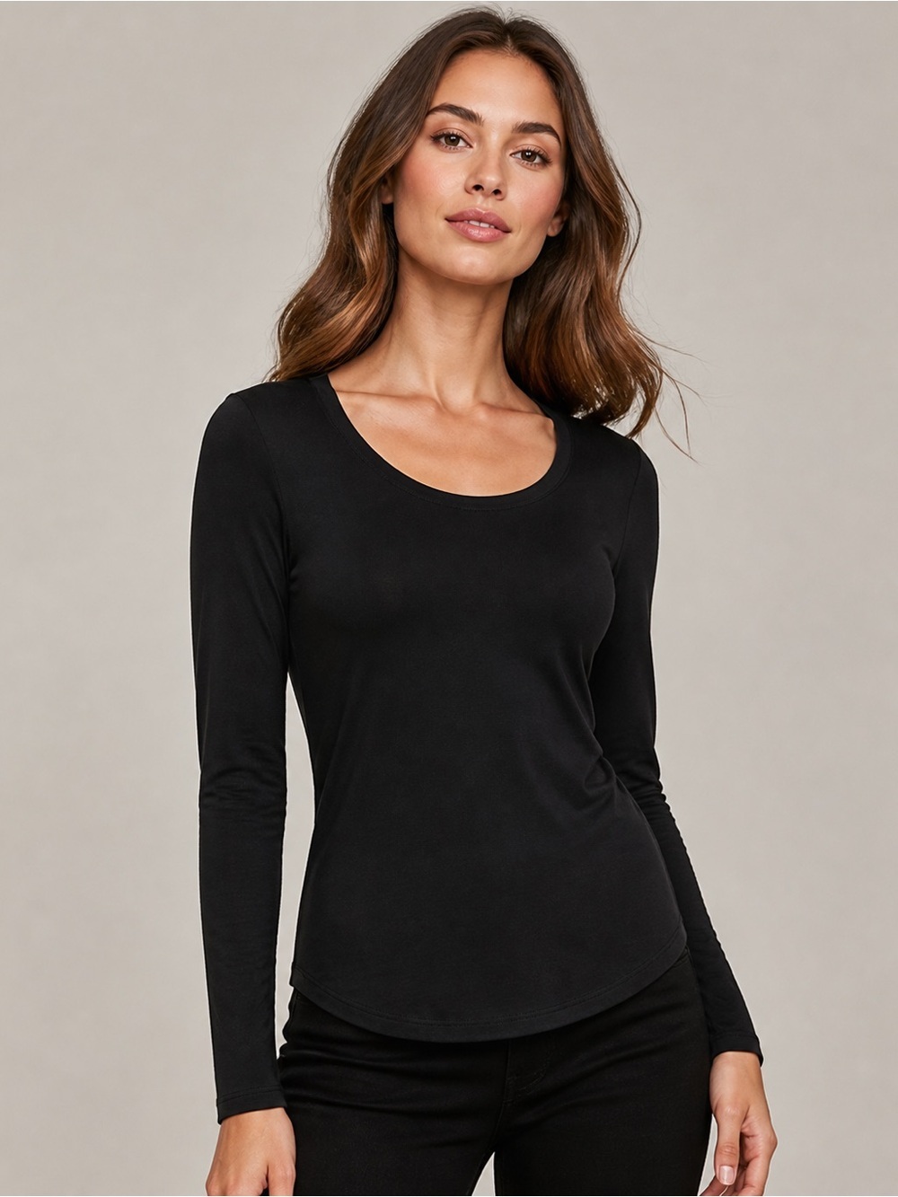 Banana Republic Black Long-Sleeve Top for Women Elegant Fitted Scoop Neck Shirt